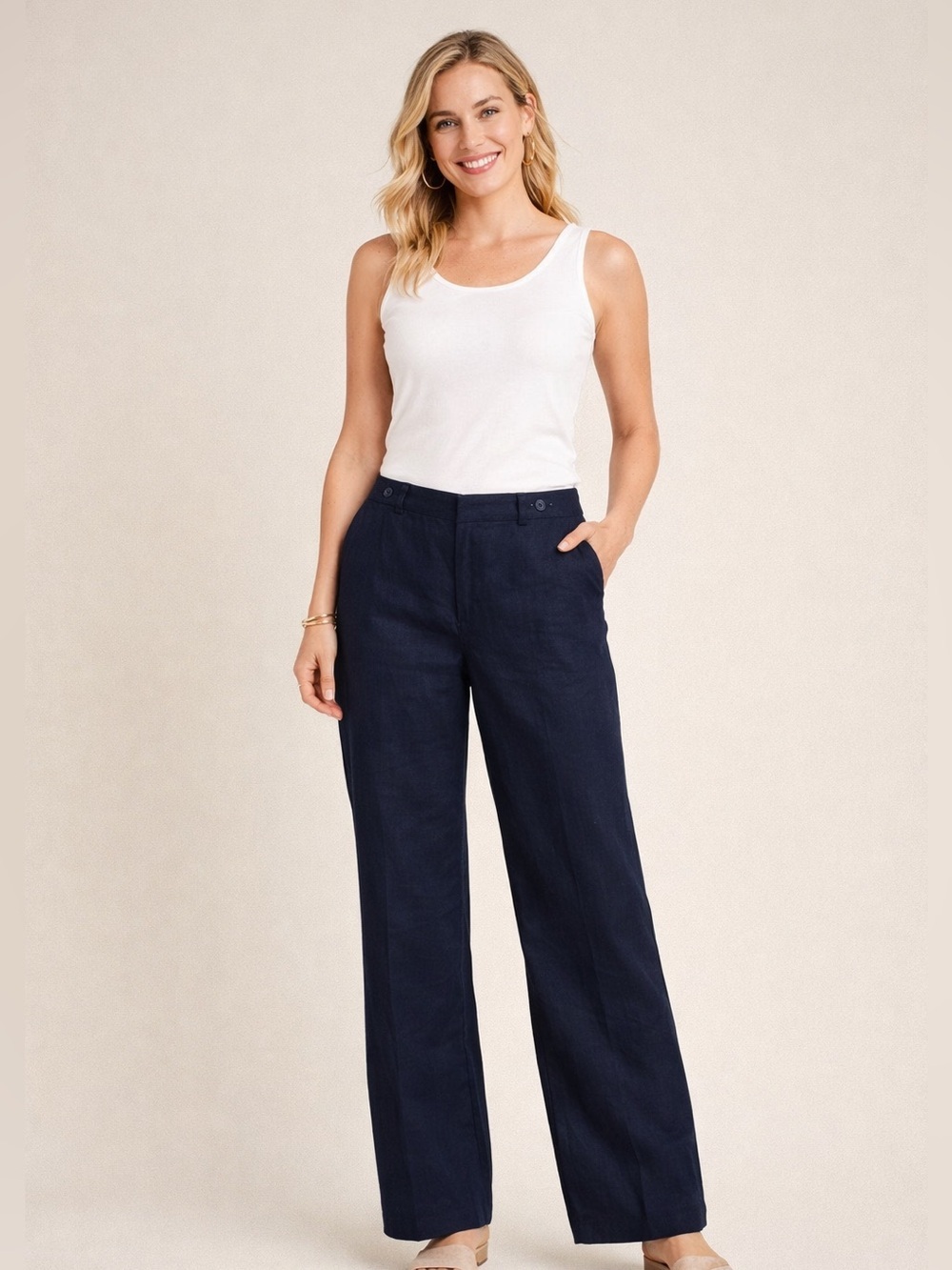 Talbots Navy Linen Pants 16W – Plus Size Relaxed Fit Lightweight Summer Trousers